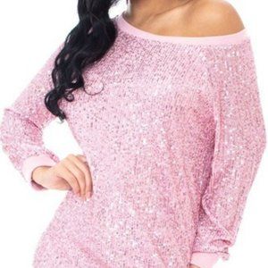 Symphony Sequin Mini Dress M Blush Pink Boxy Wide Neck Party Glam Sparkle